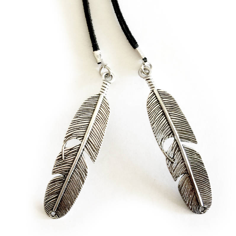 wrap choker Leather Wrap Choker with Silver Large Feather Metal Detail - Image 1