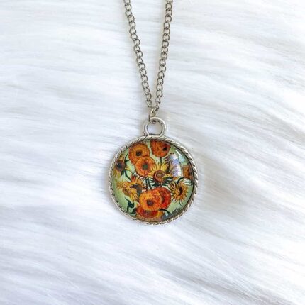 Van Gogh Vase Of Sunflowers Glass Necklace