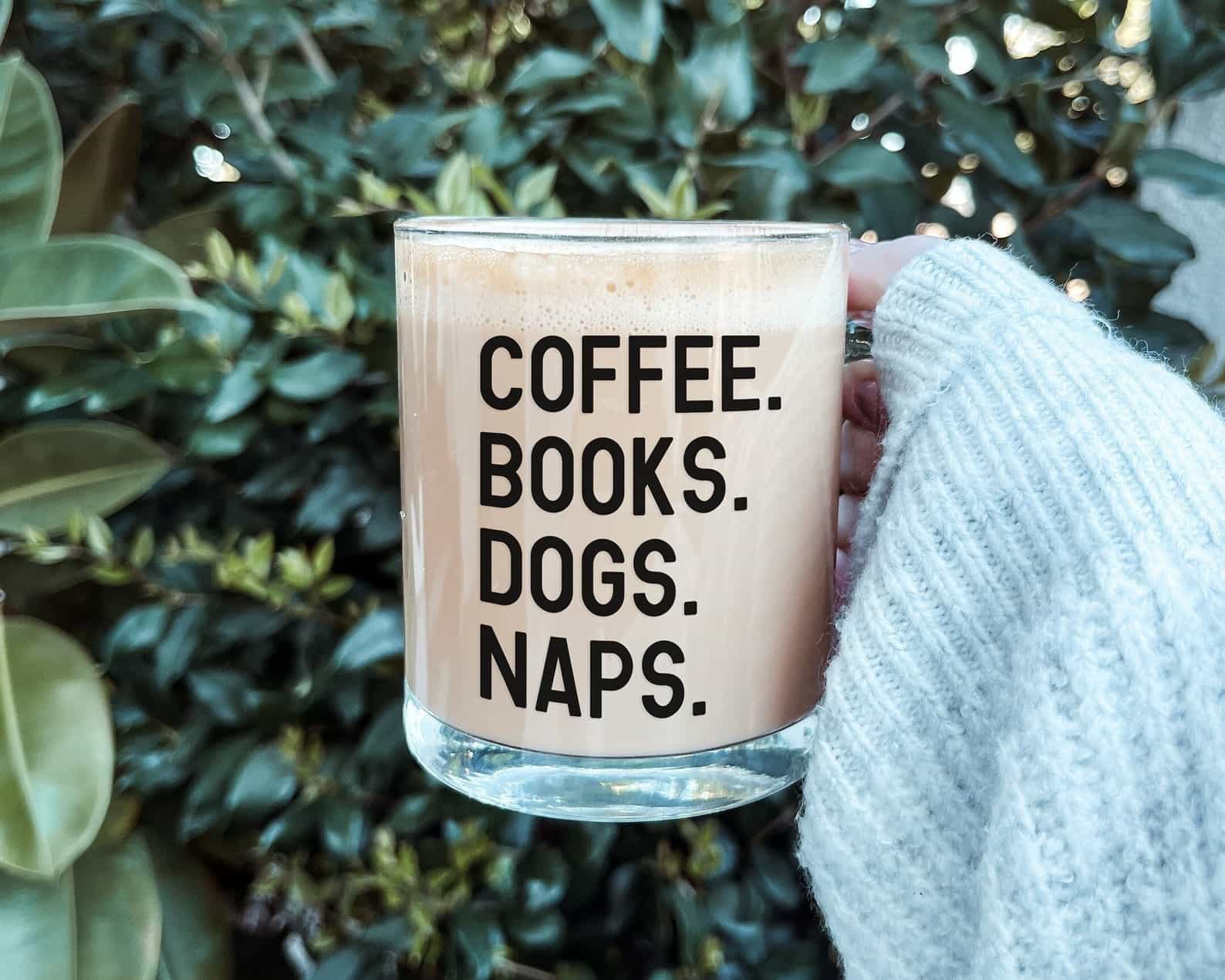 Coffee. Books. Dogs. Naps Glass Mug Coffee. Books. Dogs. Naps Glass Mug
